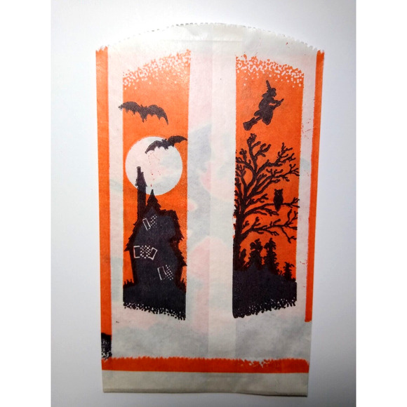 Halloween Candy Treat Bag Full Moon With Face Flying Witch Haunted House Bats - Picture 2 of 2